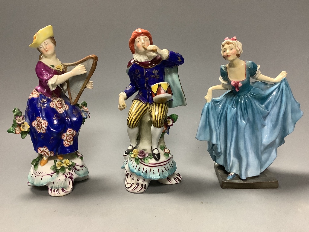 A Doulton porcelain figure, 'Delight' and a pair of continental porcelain figures, tallest 18.5cm